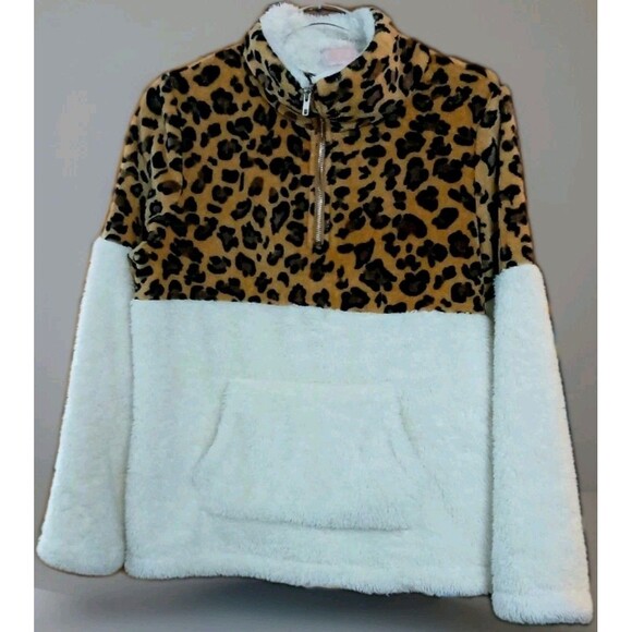 C+D+M Sherpa Fleece Pullover Womens M Leopard Cream 1/4 Zip Soft Cozy Top - Picture 1 of 8